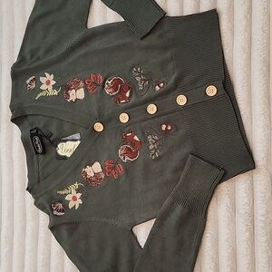 Voodoo Vixen Forest Green Cardigan with Woodland Embroidery